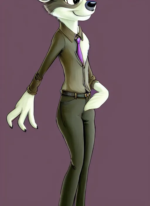 Image similar to oil painting of detailed full body of anthromorphic female wolf, in style of zootopia, zootopia, zootopia, fursona, furry, furaffinity, 4 k, deviantart, furry art, fursona art, wearing black business suit, business suit, in style of zootopia, wolf fursona, cyberpunk, female, expressive detailed feminine face,