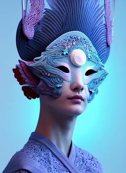 Image similar to 3 d goddess medium shot profile portrait. beautiful intricate highly detailed korean gumiho mask and traditional korean hanbok. stingray, magpie, bioluminescent, plasma, lava, ice, water, wind, creature, fog, artwork by tooth wu and wlop and beeple and greg rutkowski, 8 k trending on artstation,