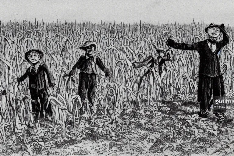 Image similar to sketchy scarecrow from the early 1 9 0 0's leading children into the cornfields