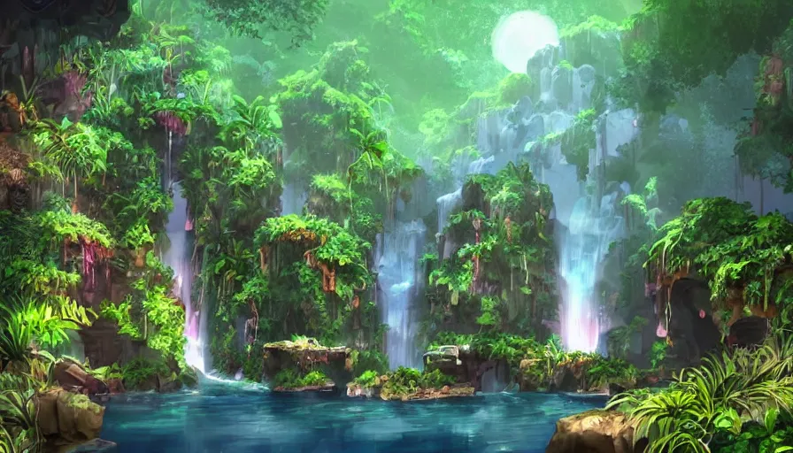 Image similar to concept art of underground jungle cave with waterfalls, luminescent plants, colorful, high detailed, ultra realistic
