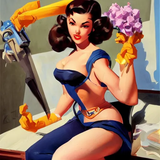 Prompt: greg manchess portrait painting of overwatch's characters as sexy 1 9 5 0's pinup art, medium shot, asymmetrical, organic painting, sunny day, matte painting, bold shapes, hard edges, street art, trending on artstation, by huang guangjian and gil elvgren and sachin teng