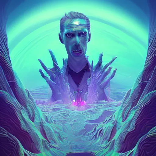 Image similar to Beautiful hyperdetailed psychedelic horror fantasy art of a vampire by Beeple, album cover, other dimensions, dmt, acid trip