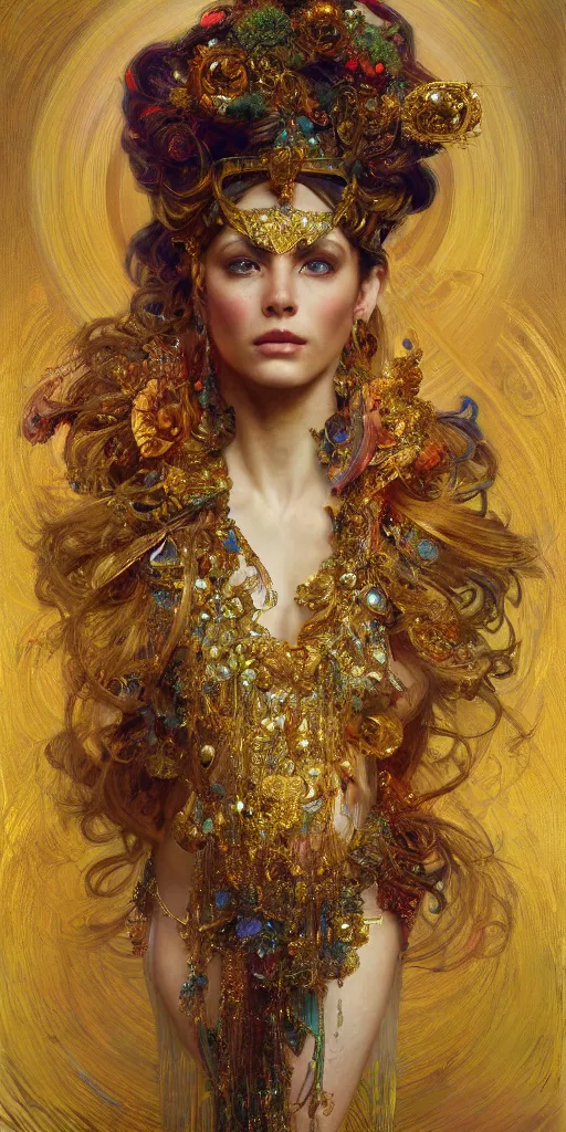 Image similar to an intricate painting of a beautiful goddess with an artistic pose, hyper - detailed, ornamental gold headpiece, octane render, vivid colors, artstation, by jeremy mann, by alphonse mucha, by boris vallejo, by gustav klimt