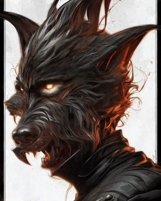 Prompt: '' Face portrait of a handsome werewolf with a black leather coat, short hair , fantasy, d&d, high detail, digital painting, artstation, concept art, sharp focus, illustration, art by greg rutkowski and alphonse mucha ''
