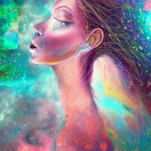 Image similar to beautiful detailed artistic portrait of a person travelling between different astral planes. grainy and rough. fine detail. soft colour scheme. artistic painting by lurid ( 2 0 2 2 ). featured on deviantart.