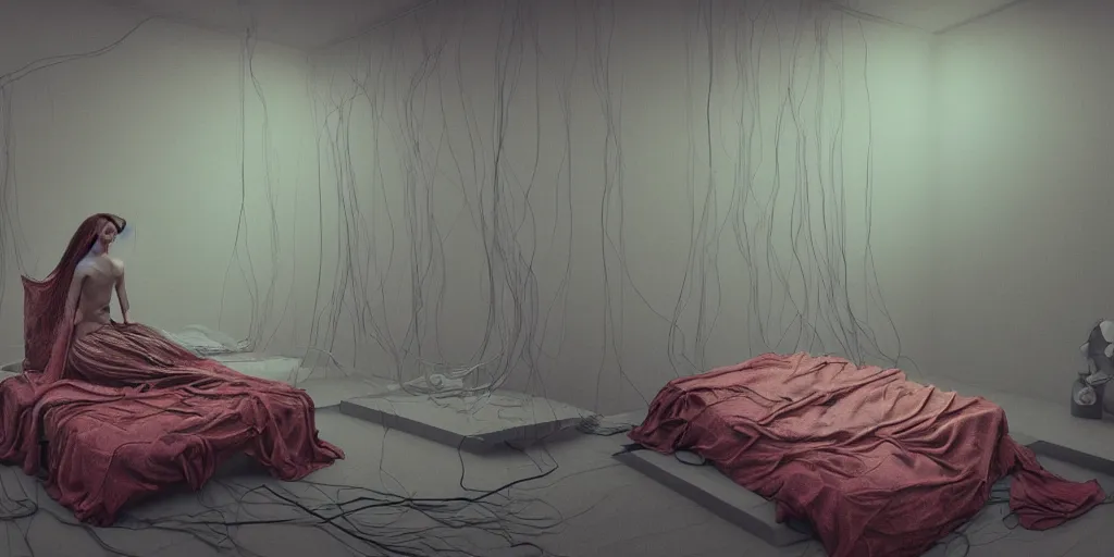 Image similar to rgb, glowing, depression!!!!!, maximalist bedroom, woman, cinematic, movie scene, inspired by zdzislaw beksinski, clothes made out of veins,, cables everywhere, bedroom, ultra realistic, concept art, intricate details, highly detailed, photorealistic, octane render, 8 k