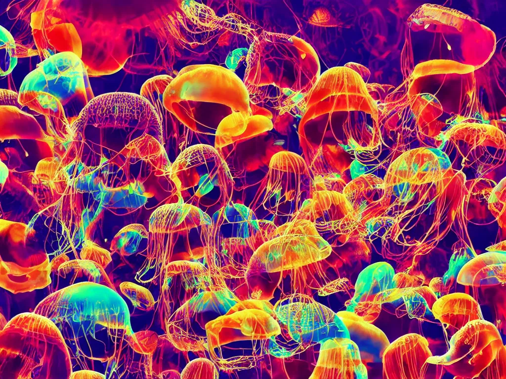 Image similar to hamburger mix jellyfish, sharp focus, 8 k, cg, style by andy warhol,