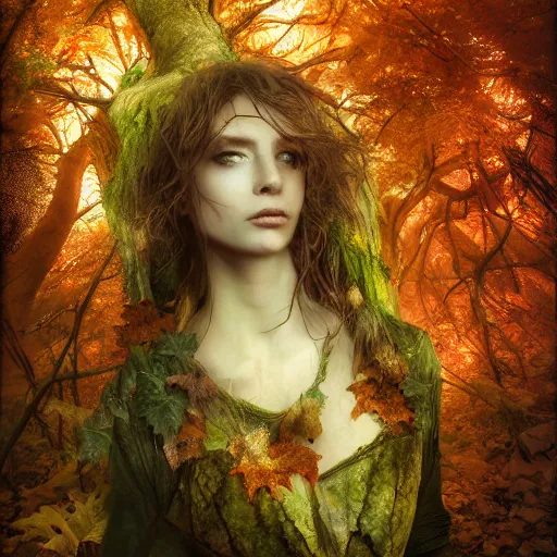 Prompt: portrait of a dryad in a forest of autumn maples by brian froud and jessica rossier dark mysterious -
