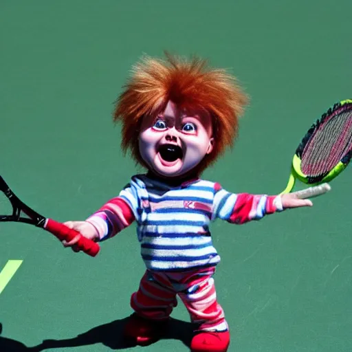 Image similar to cute little screaming chucky doll playing tennis