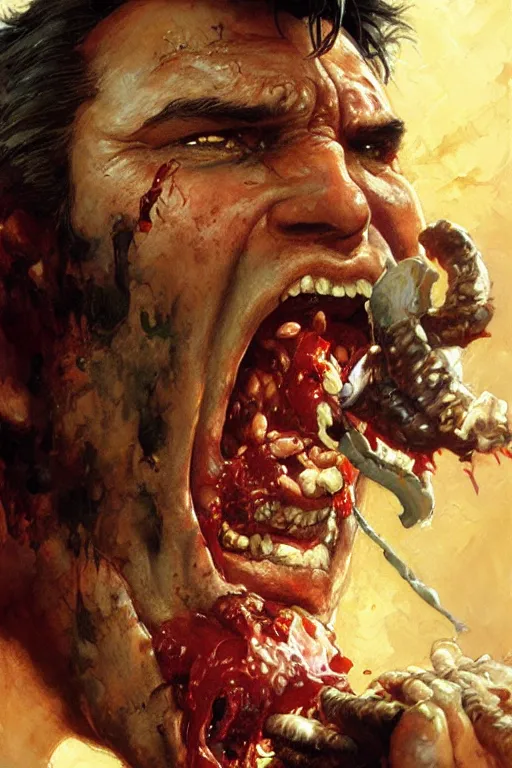 Image similar to bruce campbell screaming and eating beans, extreme close up, insane face, high detail, portrait dnd, painting by gaston bussiere, craig mullins, greg rutkowski, yoji shinkawa