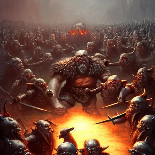 Image similar to painting of a single dwarven berserker facing a crew of crazy goblin warriors in deadly combat on a gladiator pit, sharp focus, high symmetry, award - winning, trending on artstation, masterpiece, highly detailed, intricate. art by seb mckinnon