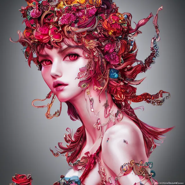 Image similar to an absurdly beautiful, elegant, young hypercolorful sensual gravure idol partially made up of rubies and red gems, ultrafine hyperrealistic detailed face illustration by kim jung gi, irakli nadar, intricate linework, sharp focus, bright colors, matte, octopath traveler, final fantasy, unreal engine highly rendered, global illumination, radiant light, intricate environment