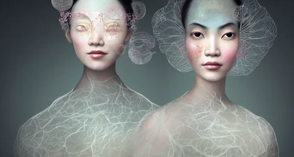 Image similar to closeup shot of asian female wearing a luminous soft fragile jelly fish dress, symmetrical face, by ray caesar, by louise dahl wolfe, by andrea kowch, by anna claren, surreal photography