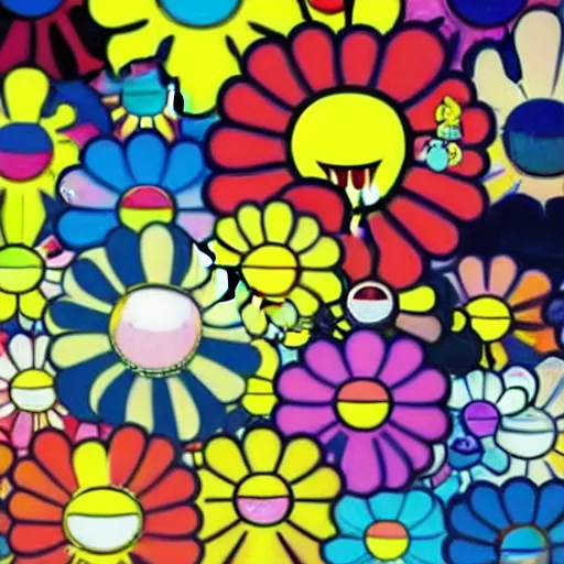 Image similar to silhouette of head exploding into flowers, bright colors, Takashi Murakami, Minimalist,