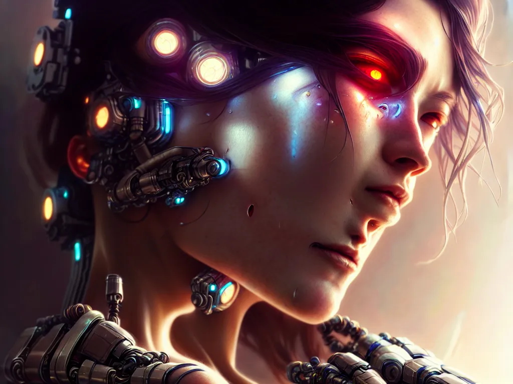 Image similar to ultra realistic, cyborg woman crying, broken, cyberpunk, sci-fi, fantasy, intricate details, elegant, highly detailed, photorealistic, octane render, 8k, HD, art by artgerm and greg rutkowski and alphonse mucha