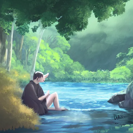 Image similar to a rough digital painting of a person with furry goat legs lounging next to a river with a finger in the water in the forest, digital painting, fantasy, studio ghibli environment, overhead canopy