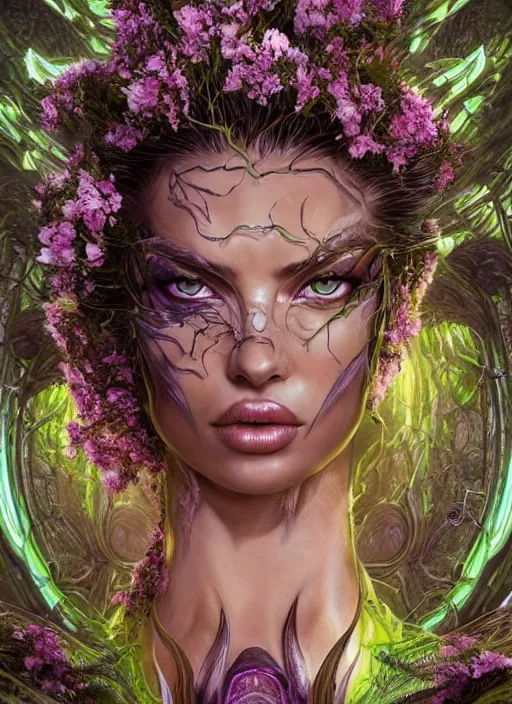 Image similar to portrait of Adriana Lima as a everreaching Goddess of despair, a futuristic diety, inside future fighter, sci-fi, fantasy, intricate, lush garden spaceship with sakura season flowers, elegant, human anatomy, royal green and nature light, highly detailed, digital painting, artstation, concept art, smooth, sharp focus, illustration, art by tian zi and WLOP and alphonse mucha, masterpiece, 3d blender