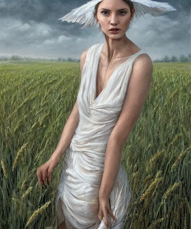 Prompt: Hyper realistic detailed painting of a Paludnitsa! (in a lush wheat crop). Perfect face, beautiful!!, white dress, menacing!, melancholic!!, dreamlike, highly detailed, sharp focus, digital painting, art by Eddie Mendoza, detailed and intricate environment, highly detailed, award winning art.