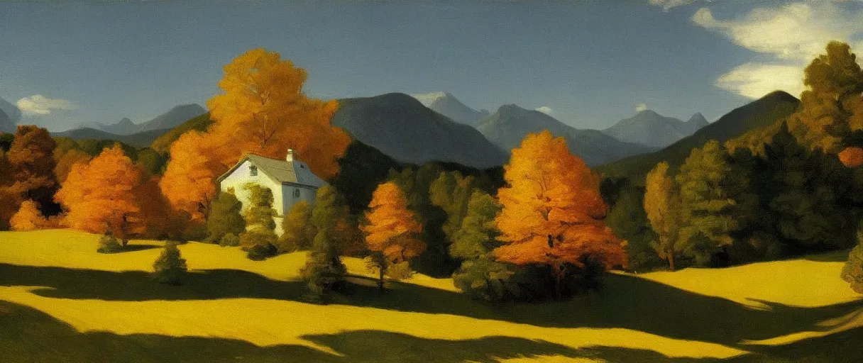 Prompt: a highly detailed, 4 k, alpine landscape with a cottage, dense trees, fall, 1 7 0 0 s, by edward hopper, new artstation artist,