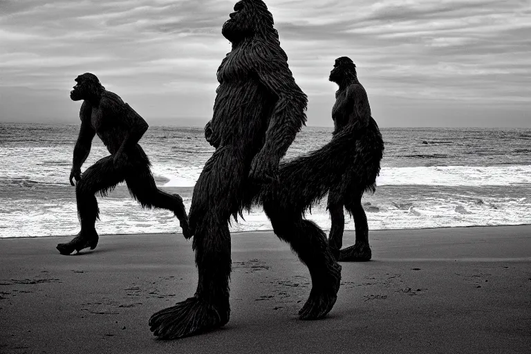 Image similar to cinematography portrait of Bigfoot on the beach in Santa Monica by Emmanuel Lubezki