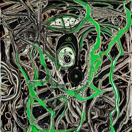 Image similar to a black and green biomechanical talisman of suffering, rotting, fungus, wings by maggi mcdonald, jackson pollock, mark rothko, sabina klein