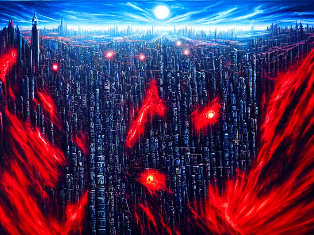 Prompt: an epic cityscape painting of a nightmarish hellscape full of cosmic horrors, wall street, horror, surreal, cyberpunk, dark, vivid, red, blue, oil on canvas, epic, dramatic, cinematic