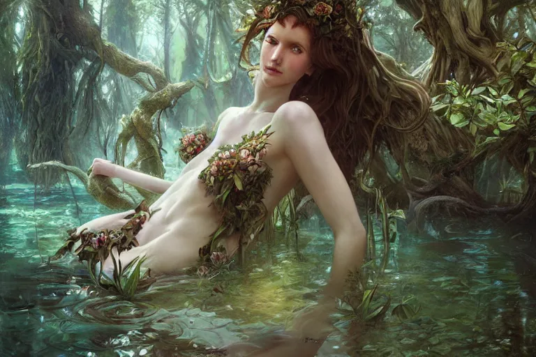 Image similar to a dryad in an enchanted forest pool, highly detailed, digital painting, artstation, concept art, sharp focus, illustration, art by artgerm and greg rutkowski and alphonse mucha