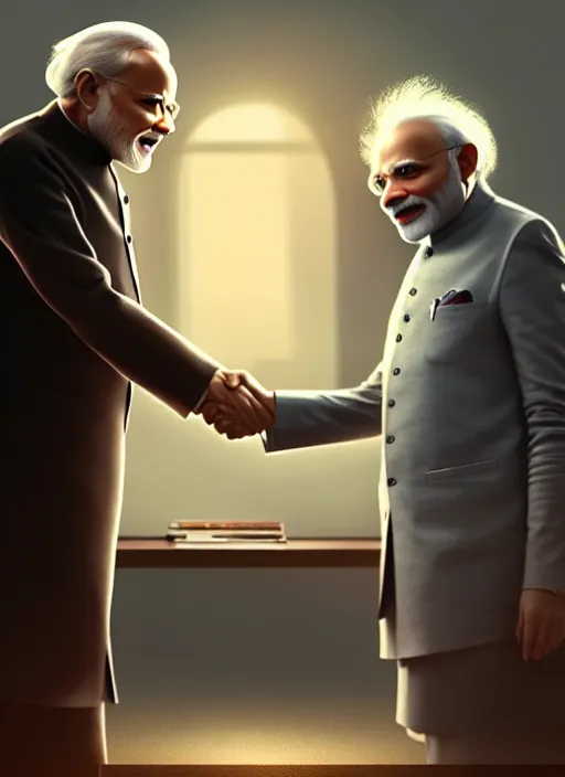 Image similar to portrait, Narendra Modi shaking hands with Albert Einstein , dramatic lighting, cinematic, establishing shot, extremely high detail, foto realistic, cinematic lighting, post processed, concept art, artstation, style by eddie mendoza, raphael lacoste, alex ross