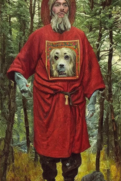 Image similar to slavic dog head man, woolen torso in medieval clothes, walking in the forest, orthodox saint christopher, oil painting, painting by viktor vasnetsov, concept art, hyperrealism, beautiful, high resolution, trending on artstation, by annie swynnerton and nicholas roerich, embroidered robes, starry tattoos, elaborate costume,