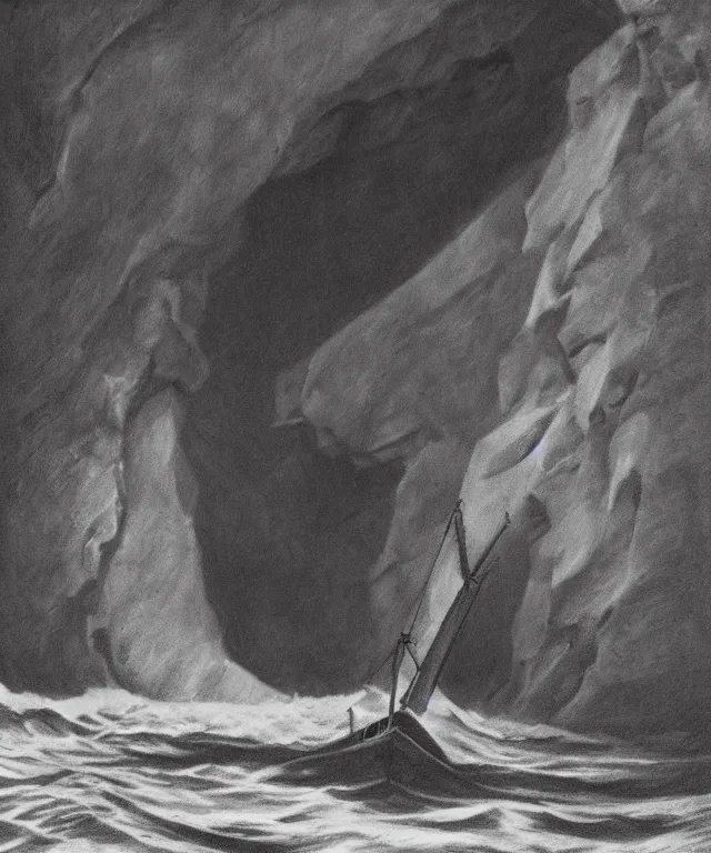 Image similar to photorealistic painting of a 1 9 2 5 seiner sailing near a short tropical cliff with the mouth of a sea cave at the waterline, dark, brooding, atmospheric, lovecraft, horror, smooth, epic, highly detailed, cinematic, by lee gibbons