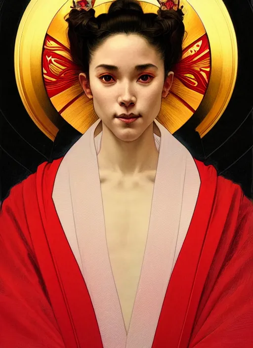 Image similar to symmetry!! portrait of terrence boyd as a saint in a red kimono with an halo, face close - up, intricate, elegant, highly detailed, digital painting, artstation, concept art, smooth, sharp focus, illustration, art by artgerm and greg rutkowski and alphonse mucha