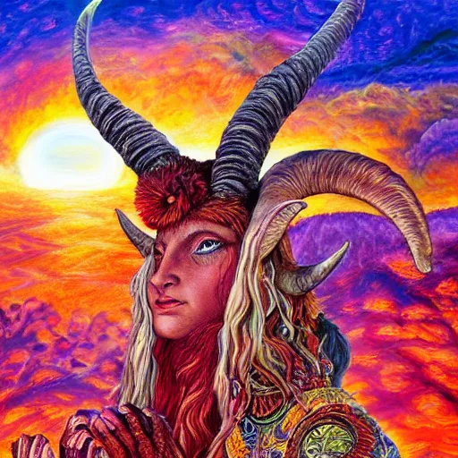 Image similar to acrylic on canvas painting by senior concept artist josephine wall, horned ram goddess checking her cell phone, erupting volcano and sunset in distance, flowers in foreground, trending on artstation, intricately detailed, highly detailed, high resolution, hdr, 8 k