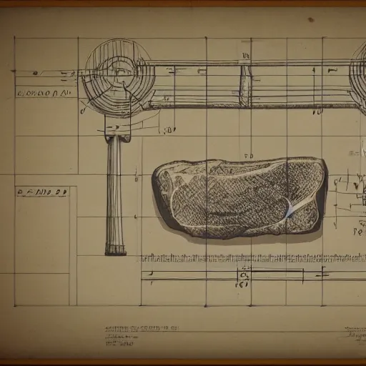 Image similar to blueprint technical drawing of a steak, schematic, sepia, old paper