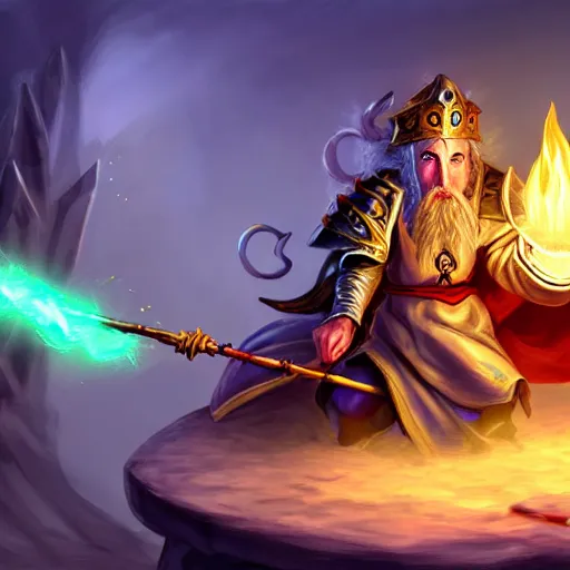 Image similar to a bald asmongold as a sorcerer casting spells with his staff, fighting with ludwig dressed as a knight, hyper realistic, hyper detailed, fantasy, easter colors, digital art