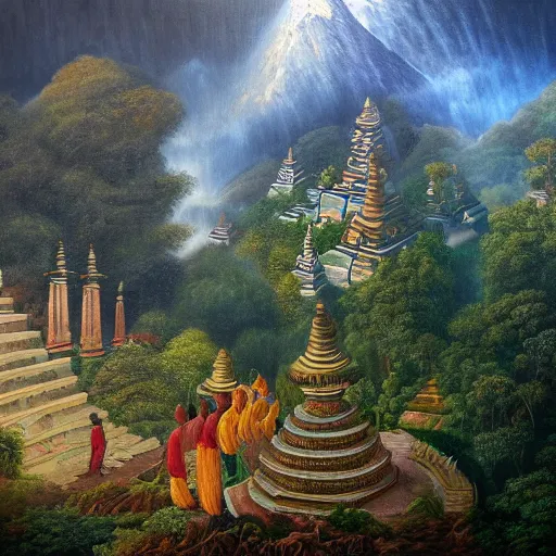 Prompt: a beautiful and highly detailed oil painting of an nepali in year 3 0 0 0 temple in the kathmandu valley, detailed high buildings and rockets, forgotten valley, swirling mist, lush forests, intricate details, epic scale, insanely complex, 8 k, sharp focus, hyper realism, fantasy landscape, psychedelic, by caspar friedrich,