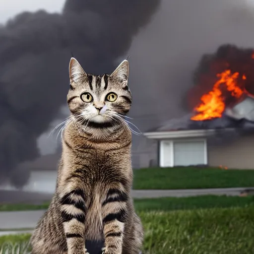 Prompt: an adorable ominous cat sitting in the yard of a two story home that is blazing on fire in the background behind the cat, real photo, evening