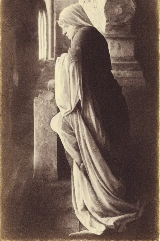 Prompt: a photo om mary praying in front of a tomb, by julia margaret cameron