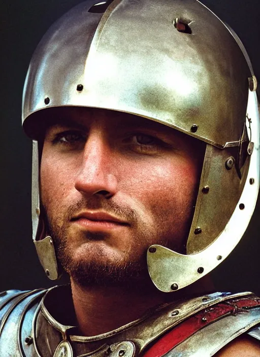 Prompt: close - up portrait of roman gladiator with helmet and armor, color photograph by annie leibovitz