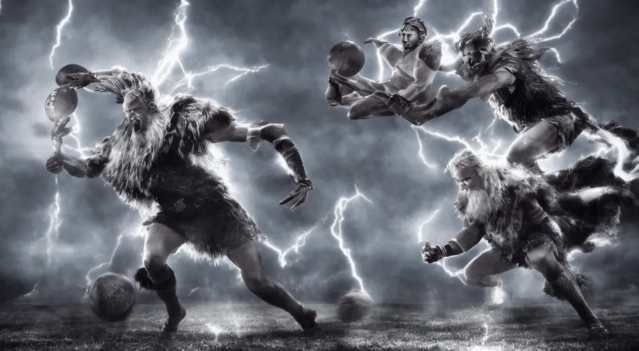 Prompt: odin playing football vs zeus in stadium in valhalla, cinematic style