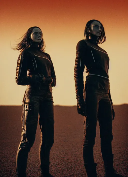 Prompt: cinestill 5 0 d photographic portrait of two loving female androids wearing rugged black techwear on a desolate plain with a red sky, extreme closeup, lizard on ground, cyberpunk style, in front of a brutalist dark metal facility, dust storm, 8 k, hd, high resolution, 3 5 mm, f / 3 2