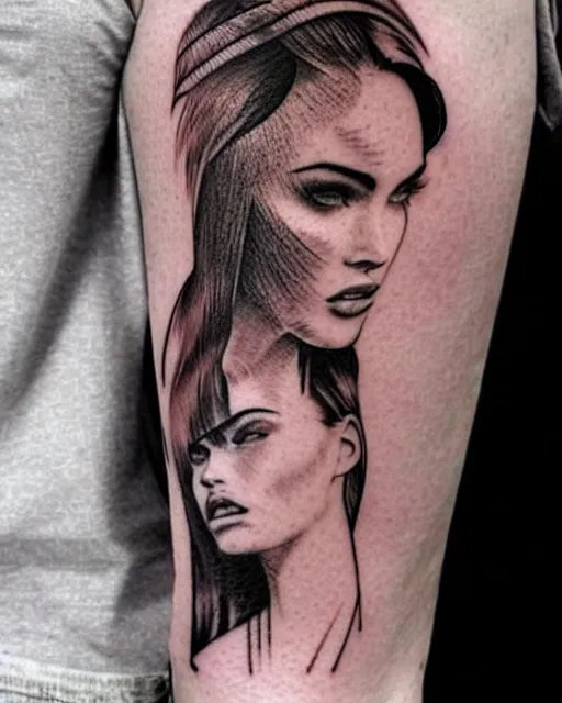 Image similar to creative double exposure effect tattoo design sketch of megan fox faded with beautiful mountain scenery, realism tattoo, in the style of matteo pasqualin, amazing detail, sharp