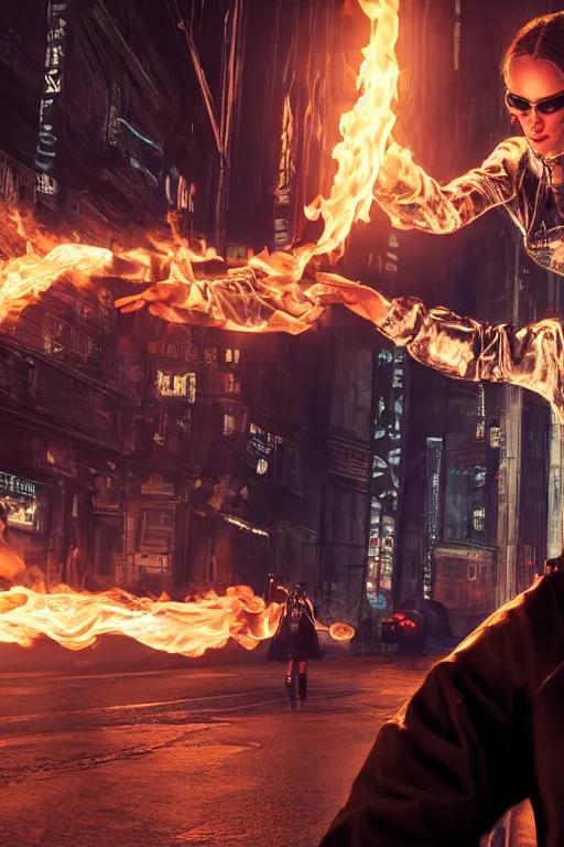 Image similar to in the foreground a street of Saint Petersburg, in the background a blonde woman from behind with flames coming out of her hands wearing a long jacket like a matrix, realistic, high definition, many details, dramatic scene, detailed and realistic hands, face symmetrical, realistic eyes, cyberpunk art 2077