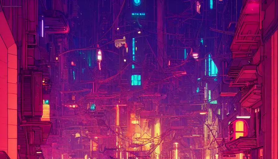 Image similar to an alley of a futuristic city at night by moebius and kilian eng, atmospheric, fine details, vivid, neon, masterpiece