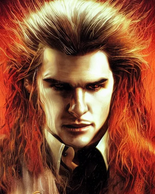 Image similar to alternate cover art for the movie interview with a vampire starring a long haired blonde tom cruise as lestat de lioncourt, face centered portrait, confident, unused design, nightmare world, fog, rain, volumetric lighting, realistic illustration, perfectly shaded, soft painting, art by krenz cushart and wenjun lin