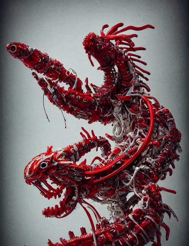 Image similar to legendary white dragon, red biomechanical details, wearing epic bionic cyborg implants, inflateble shapes, wires, tubes, red veins, jellyfish, masterpiece, intricate, biopunk, highly detailed, artstation, concept art, cottage core, cinematic focus, polaroid photo, bleached, vintage, high - key lighting, soft lights, foggy, by tarkovsky, 8 k