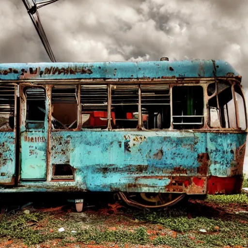 Image similar to low wide angle shot of dilapidated fallout 5 miami, tropical coastal city, desolate, dilapidated neon signs, few rusted retro futuristic vintage parked vehicles like cars, buses, trucks, trams, sunny weather, few clouds, volumetric lighting, photorealistic, daytime, spring, sharp focus, ultra detailed, 4 0 0 0 k