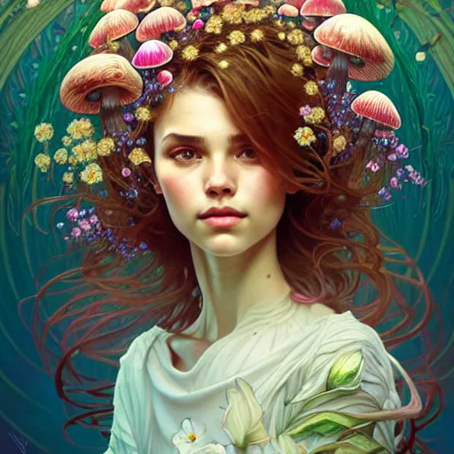 Prompt: Portrait of a girl surrounded by flowers and morphing into mushrooms, face, fantasy, intricate, elegant, highly detailed, digital painting, artstation, concept art, smooth, sharp focus, illustration, art by Fernanda Suarez and Artem Demura and alphonse mucha
