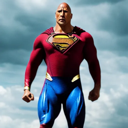 Prompt: dwayne johnson as superman, face visible, full body shot, highly - detailed, sharp focus, award - winning