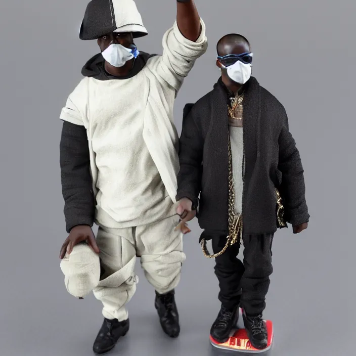 Image similar to a hot toys figure of kanye west using a black face - covering mask made of cloth with small holes, a blue puff undersized round jacket, a black shirt underneath and black rubber boots, figurine, detailed product photo