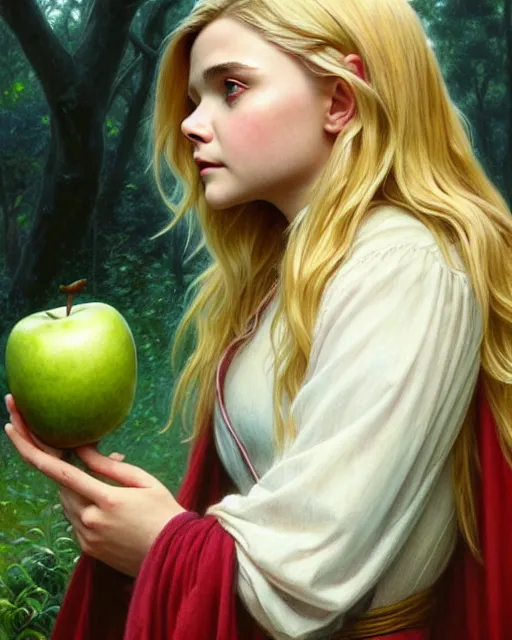 Prompt: young mage chloe grace moretz holing an apple, blonde hair, forest, heavy cloak and chemise, ultra realistic, intricate, elegant, highly detailed, digital painting, artstaion, smooth, sharp, focus, illustration, art by artgerm and greg rutkowski and alphonse mucha